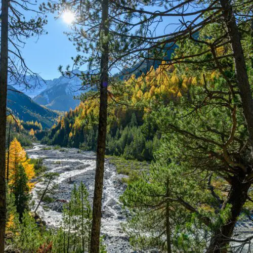 Le ruisseau du Fuorn s'écoule à travers le Val dal Fuorn en automne près de la Drossa