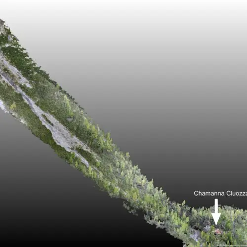 3D-Visualisierung der Murgangrinne oberhalb der Cluozza-Hütte als Grundlage zur Beurteilung der Sicherheit.