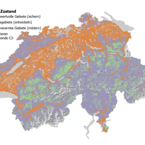 Mit Hilfe von räumlichen Daten wurde die Schweiz nach ökologischem Zustand und Art der erforderlichen Massnahmen für eine nachhaltige Nutzung eingeteilt. Die Karte zeigt drei Kategorien: ökologisch wertvolle Gebiete (sichern), Vernetzungsgebiete (entwickeln) und ökologisch verarmte Gebiete (mildern). Zudem werden auch Barrieren und nicht vernetzende Gebiete dargestellt.