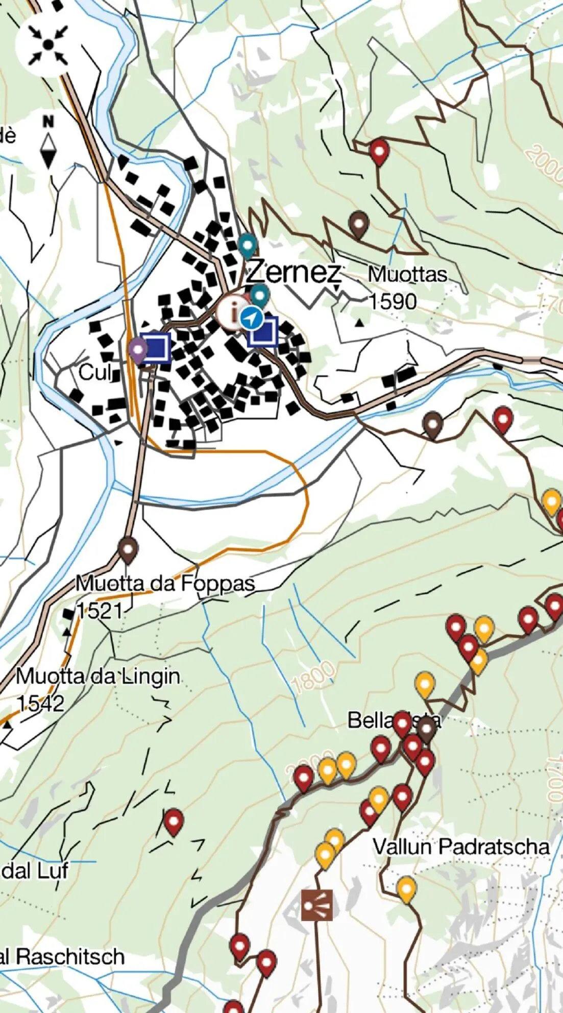 Ansicht der Karte, wie sie in der App sichtbar ist, mit GPS Punkten, welche Erklärungen liefern