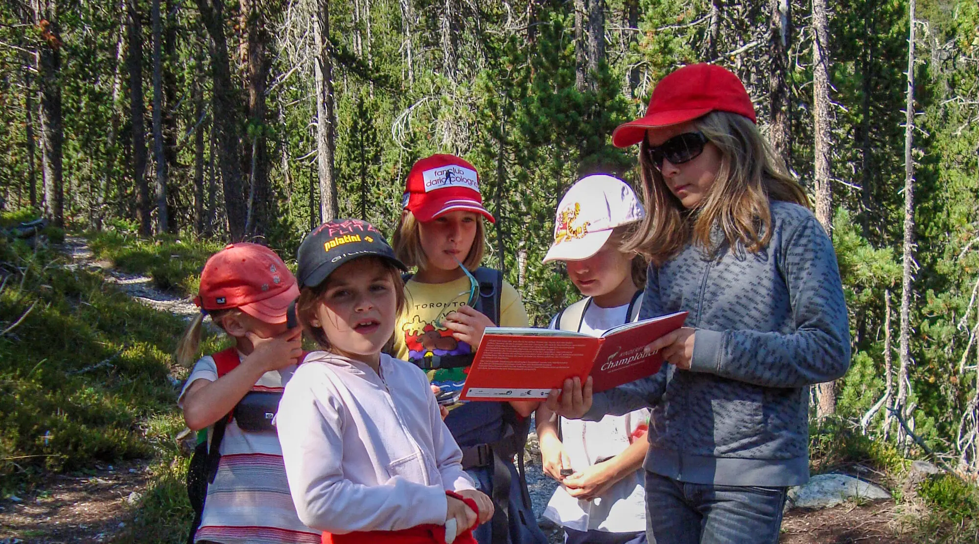 Kindergruppe studiert im Wald das Bilderbuch "Champlönch"